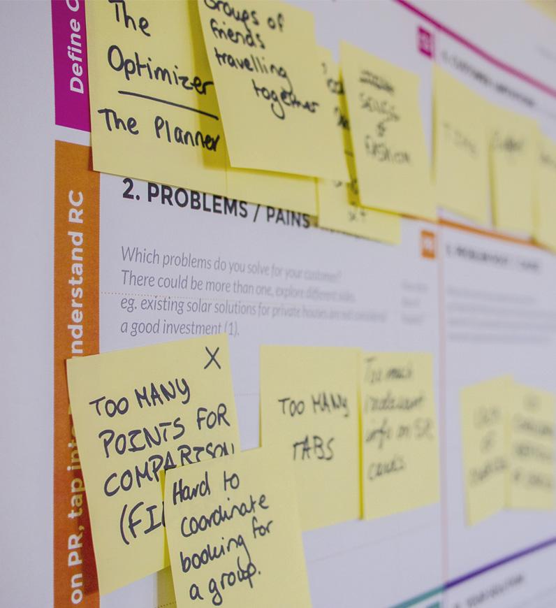 Board with sticky notes for UX research service, facilitating data-driven decisions and idea validation.