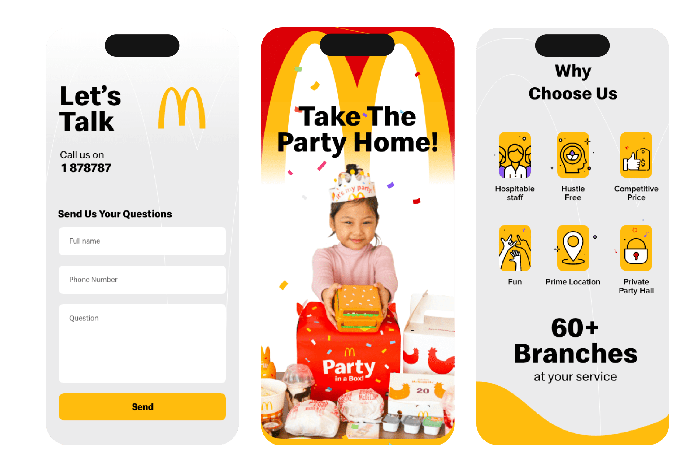 UX enhancements, Comprehensive features, vision, Emotional connection, Fun, Dynamism, Website trends, McDonald’s guidelines, Final mobile screens.