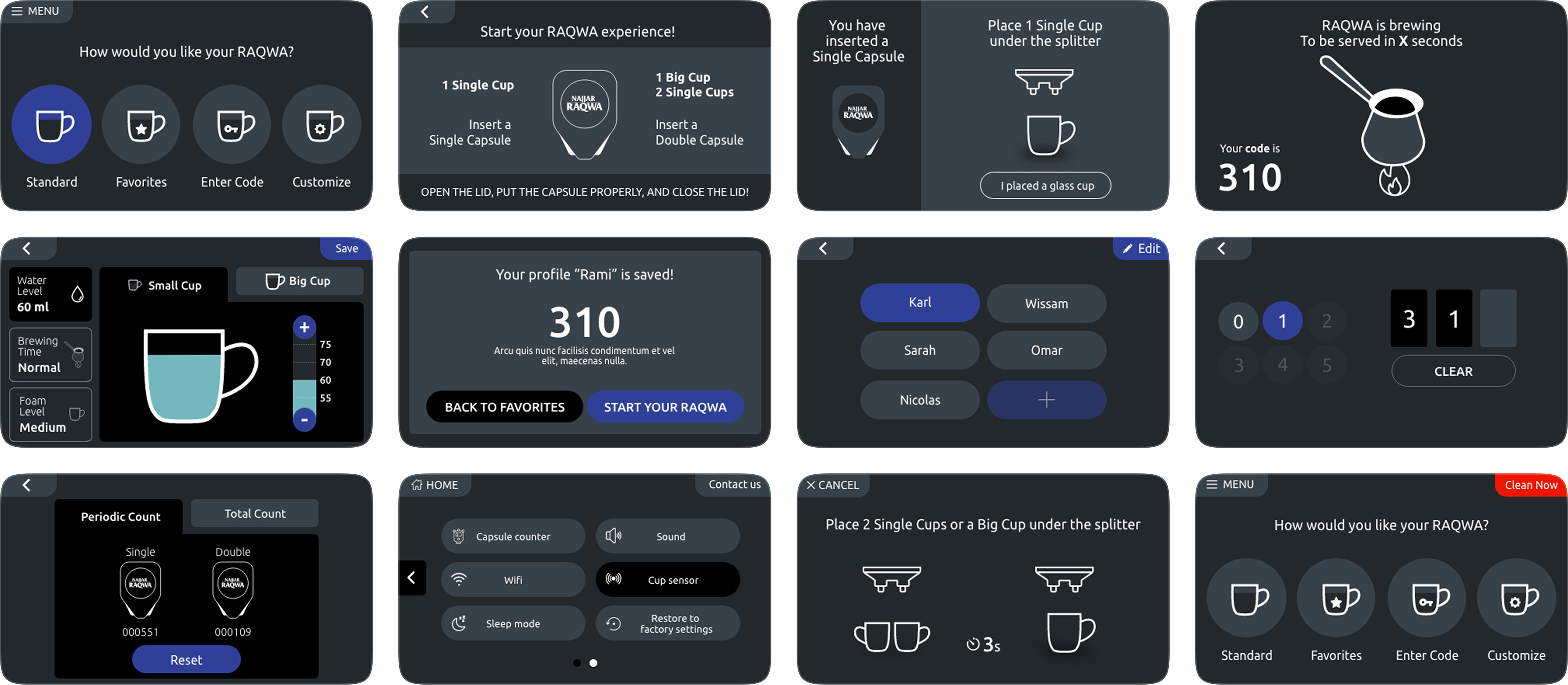 Final UI design of the raqwa q2 screens