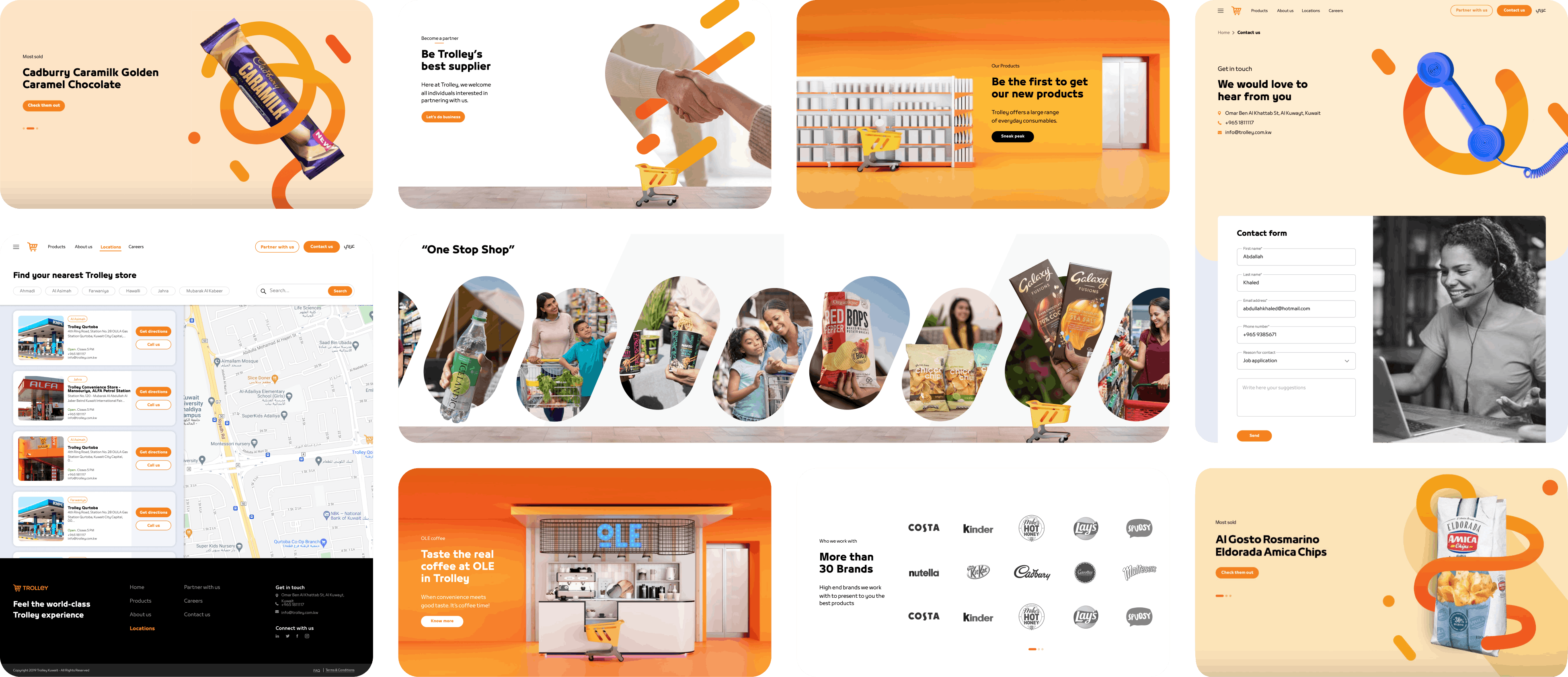 Showcase of the Trolley grocery website UI across homepage, products, locations and contact sections on desktop