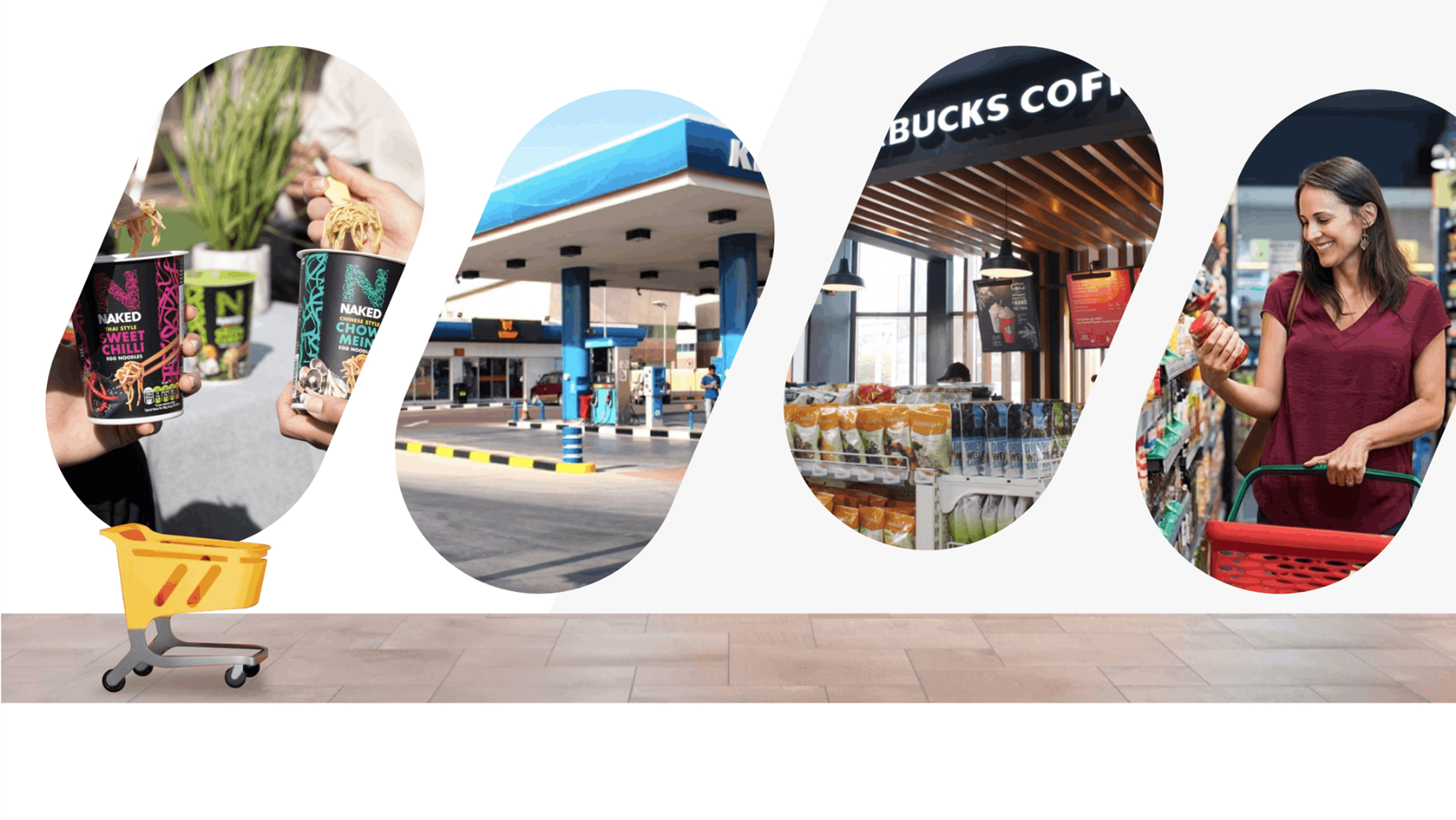 Lifestyle photos of Trolley Kuwait stores: shopping basket, petrol-station shop, in-store coffee and a shopper