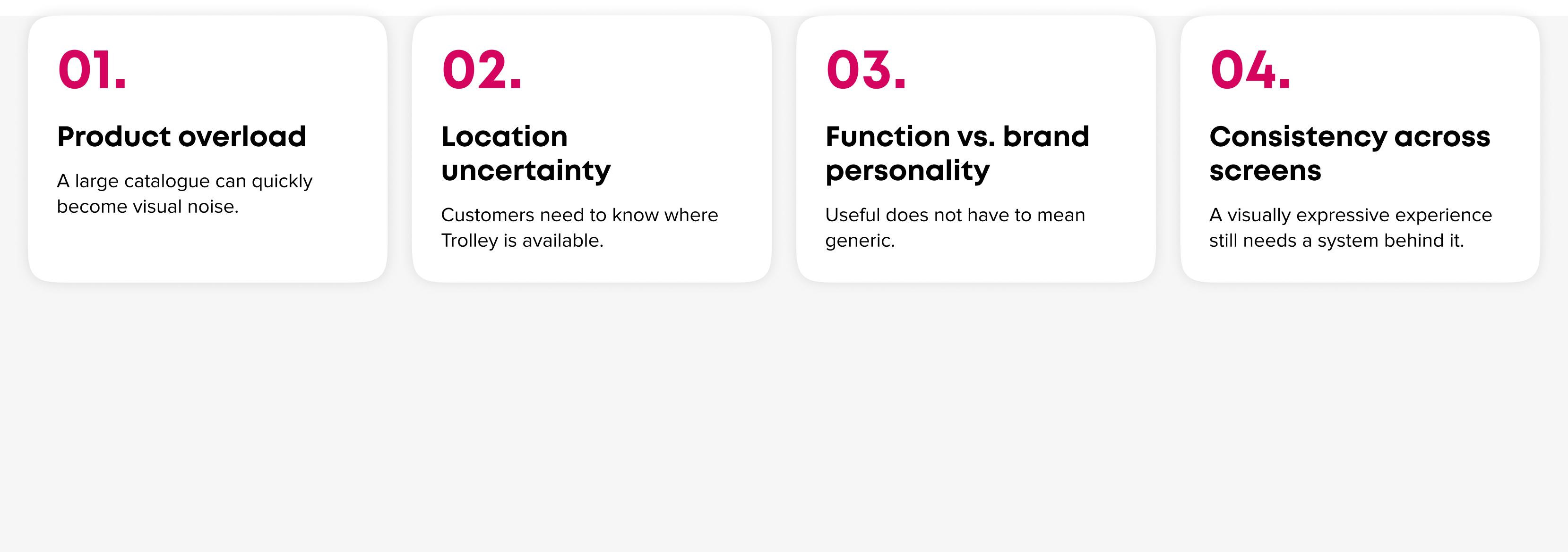 Trolley UX case study design challenges: product overload, location uncertainty, brand personality and consistency