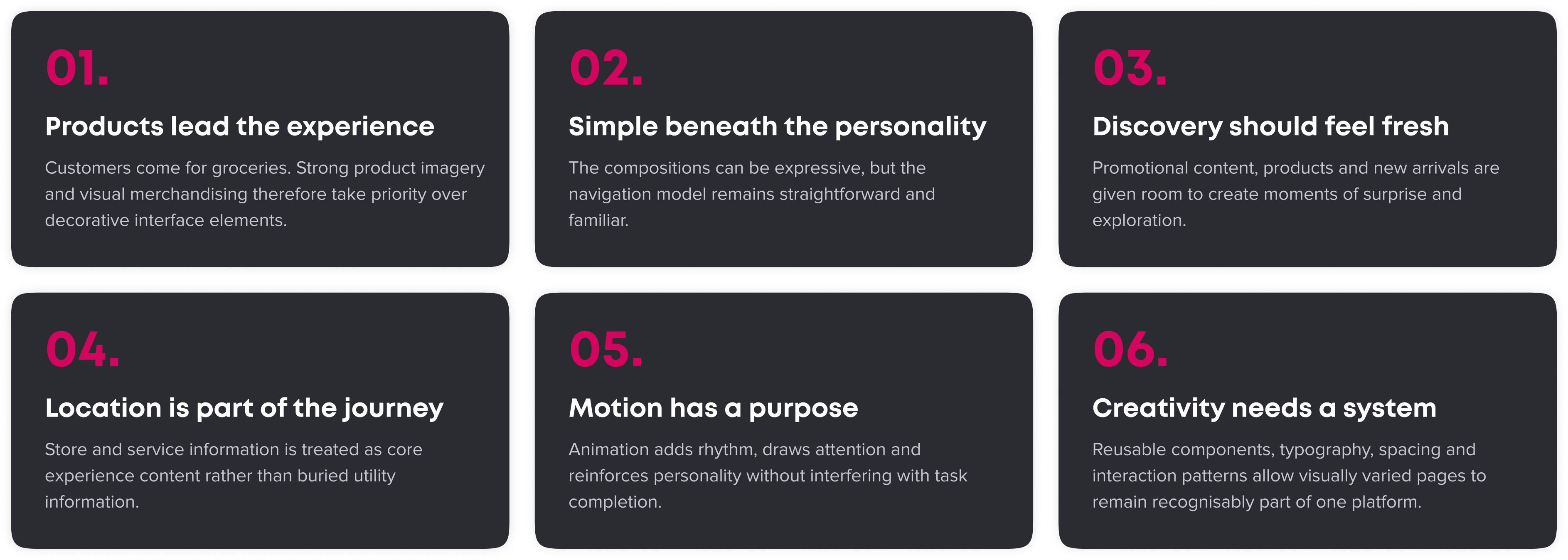 Trolley UX design principles: products lead, simple navigation, fresh discovery, location, purposeful motion, design system