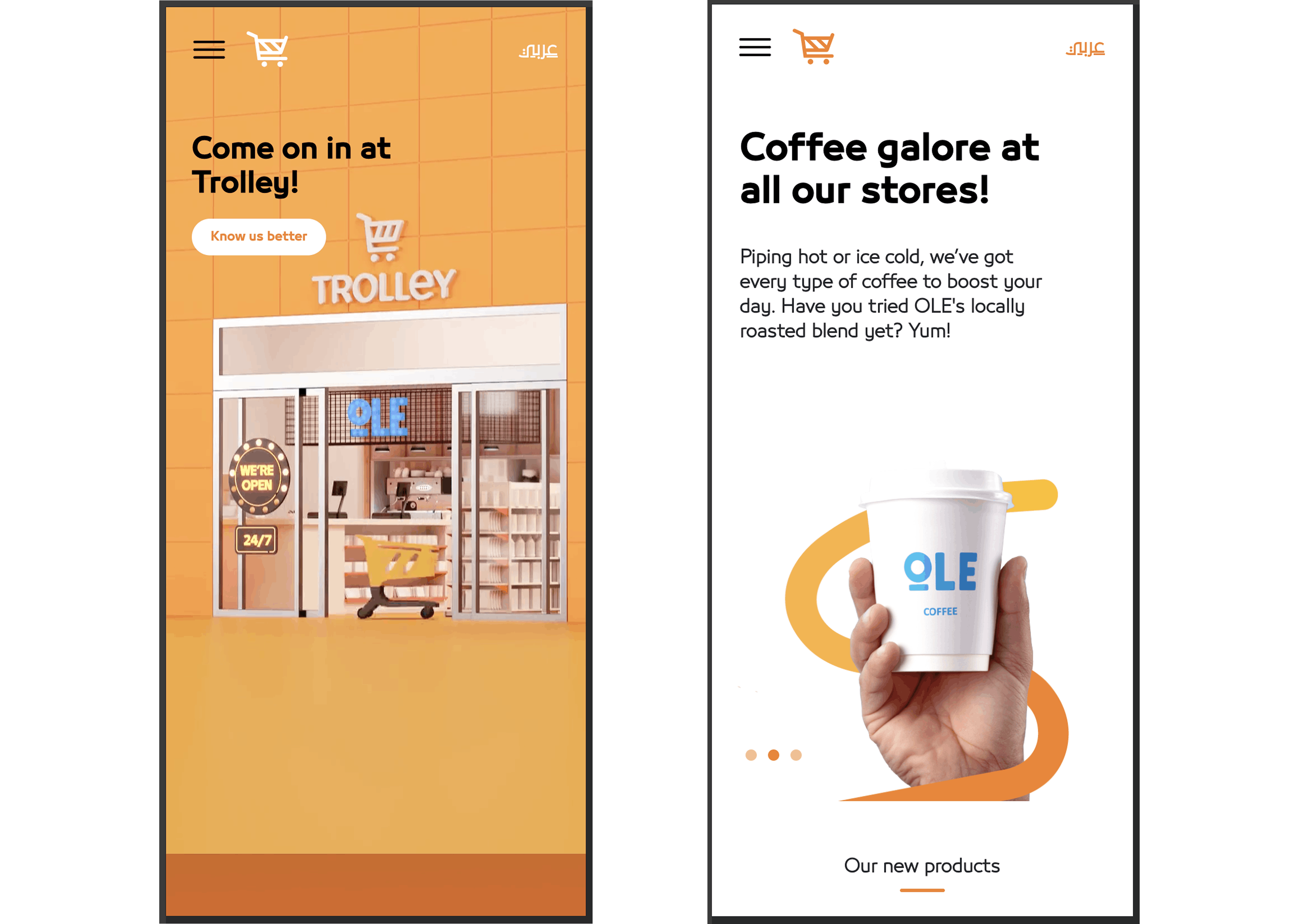 Trolley website feature screens for in-store visits and OLE coffee, shown on desktop