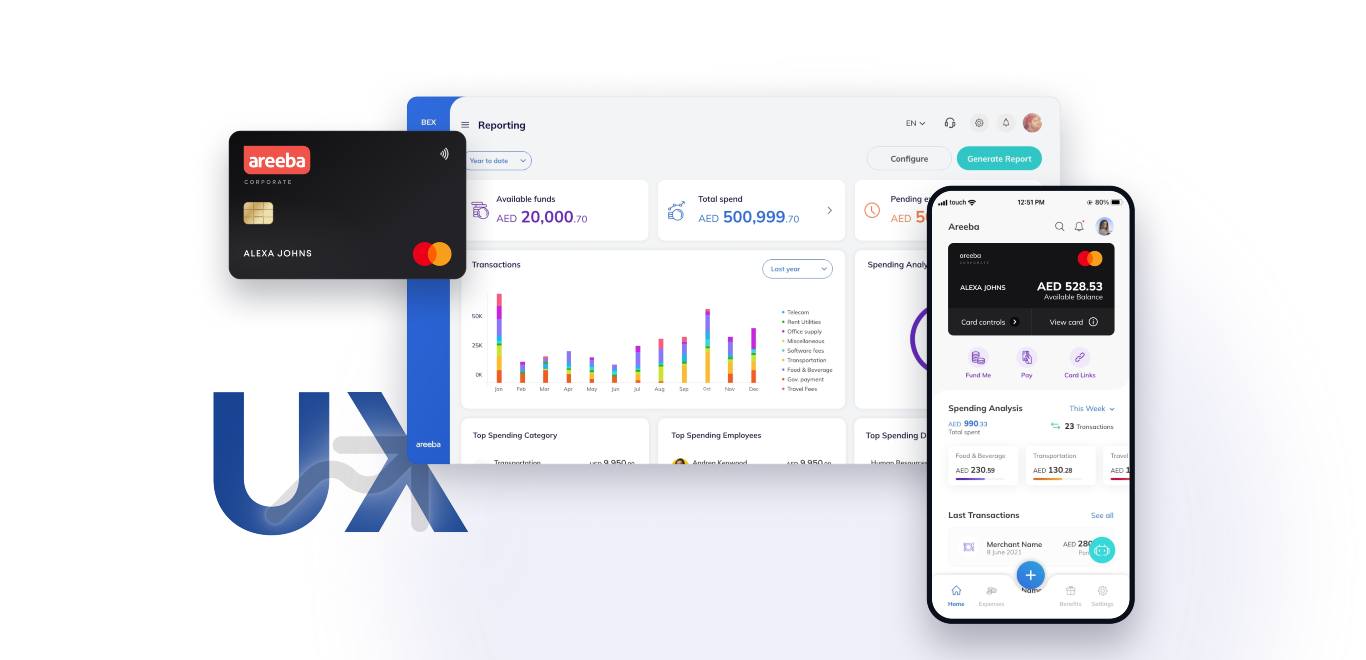 BEX case study hero mockup on desktop featuring the admin portal Reporting dashboard with transactions by category, the mobile app home screen with the card balance, and the corporate card