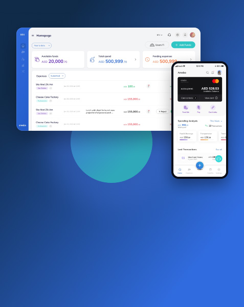 Cover of the BEX business expense management case study on a blue gradient, showing the admin dashboard, the employee mobile app home screen with the card balance