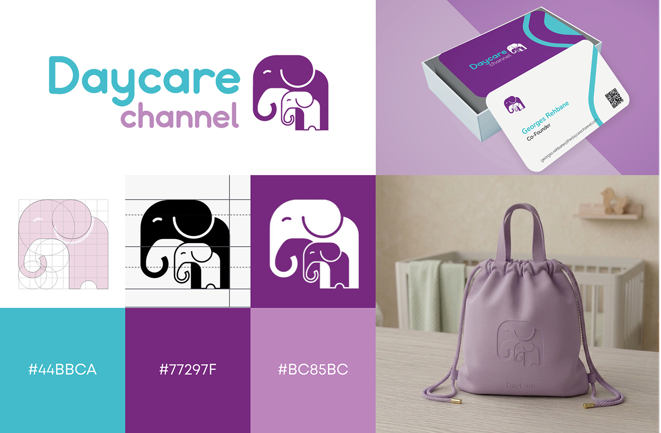 Daycare Channel identity with the elephant and calf logo, construction grid, palette, business cards and a branded bag