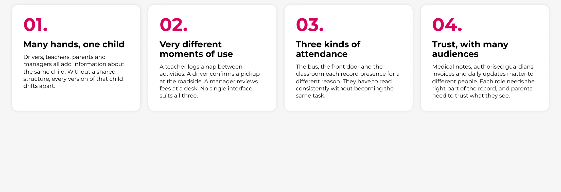 Four design challenges: many hands one child, different moments of use, three kinds of attendance, and trust with many audiences