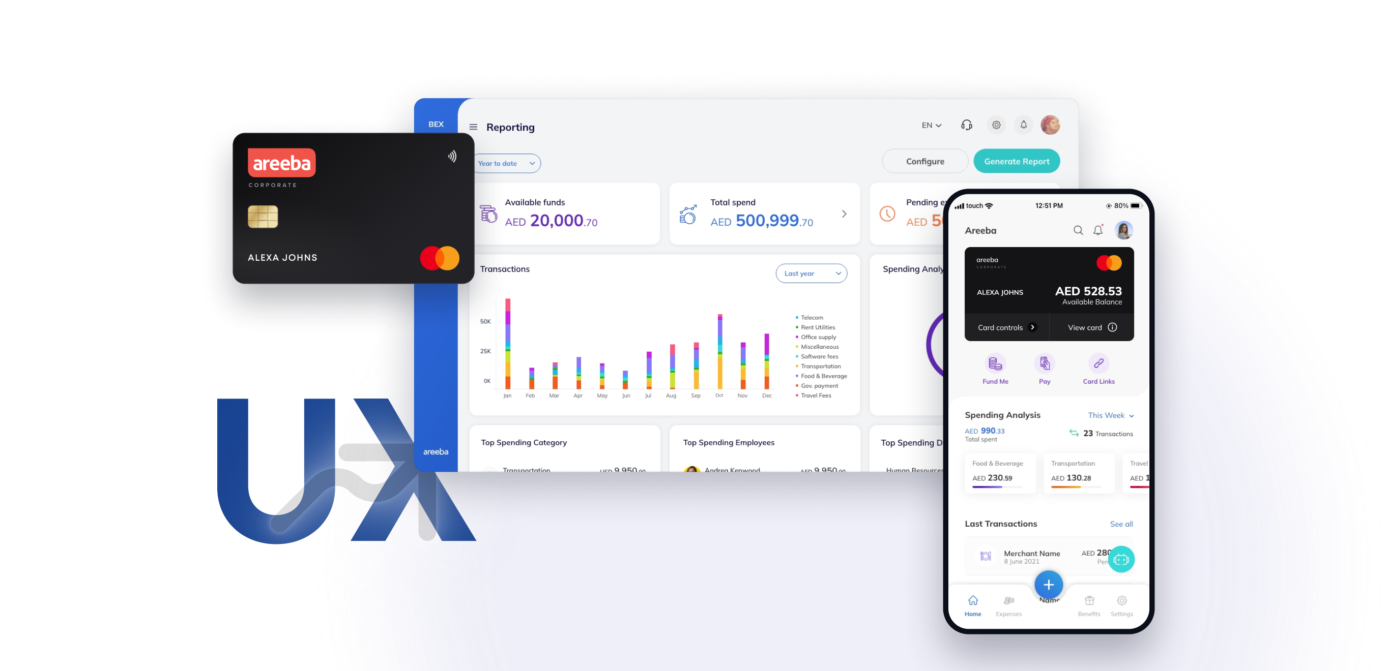 Mastercard BEX case study hero mockup on desktop featuring the admin portal Reporting dashboard with transactions by category, the mobile app home screen with the card balance, and the corporate card