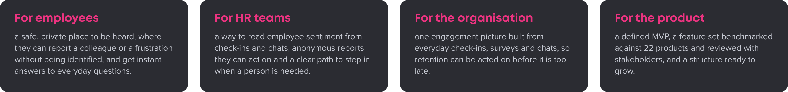 Octopuls value for employees, HR teams, the organisation and the product: private reporting, sentiment insight and an MVP