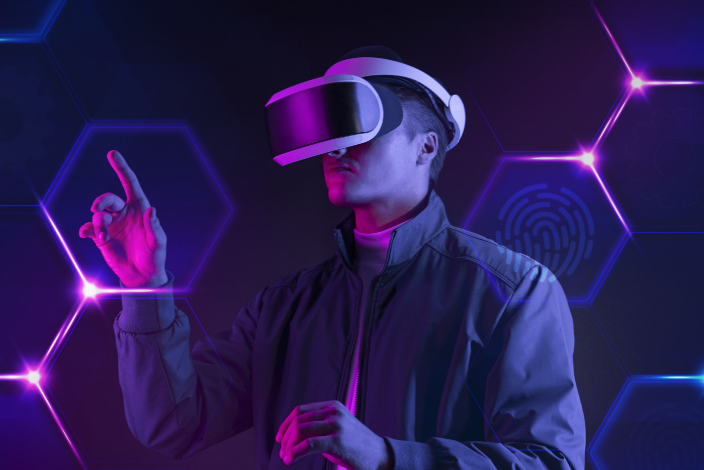 A man engaged in a dynamic, immersive VR experience through a virtual augmented reality headset