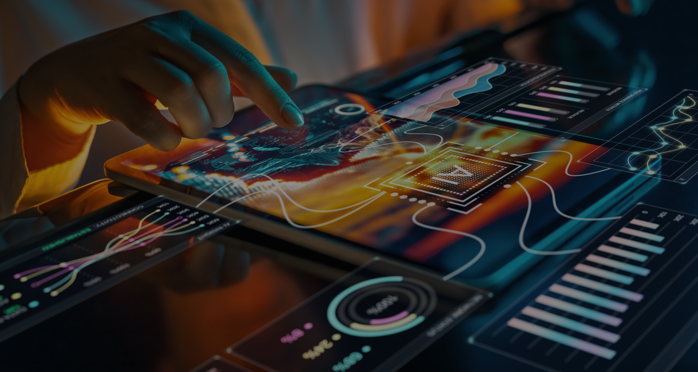 Researcher working on a screen and monitoring AI data and analytics