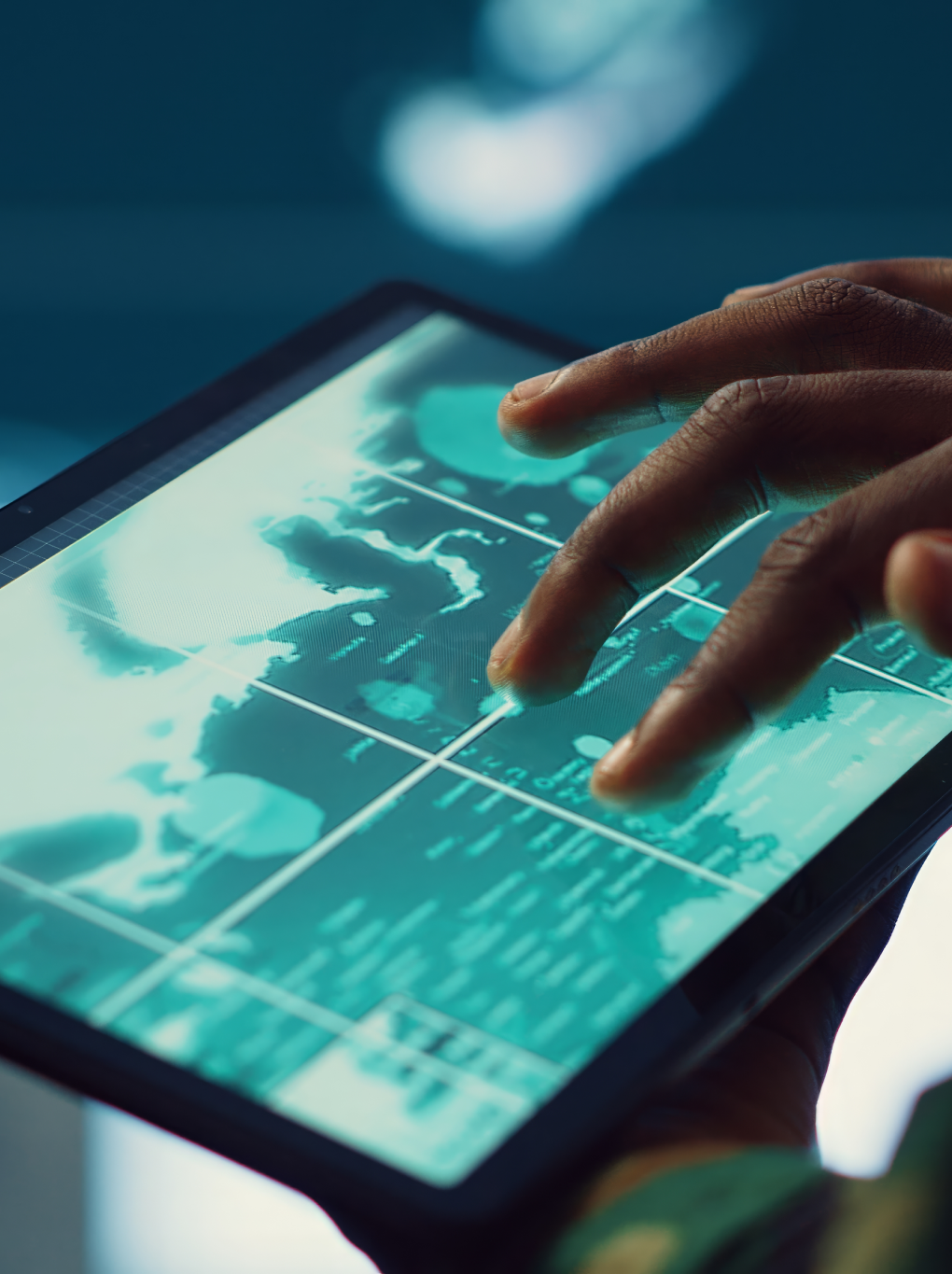 Researcher looking at a tablet screen with high tech graphics and AI